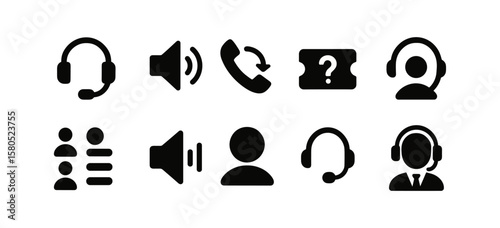 Customer support solid icon set. help, service, call center icons solid collection