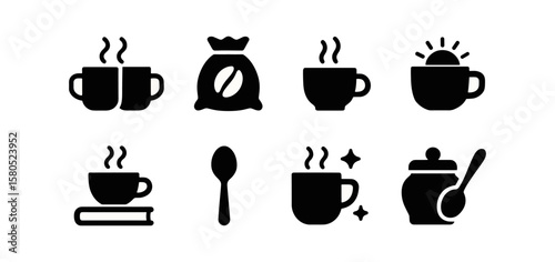 Coffee, cafe filled icon set. cups, beans, mugs, spoon, sugar, books, morning icons