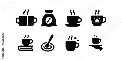 Coffee and beverage solid icon set. cafe, brew, drink icons solid collection