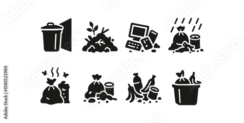 Waste management solid icon set. recycling, trash, disposal icons solid collection