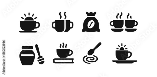 Coffee and beverage silhouette icon set. hot drink and cafe icons silhouette collection