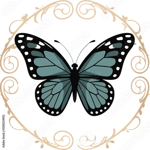 Teal butterfly with black and white spots within ornate border insect