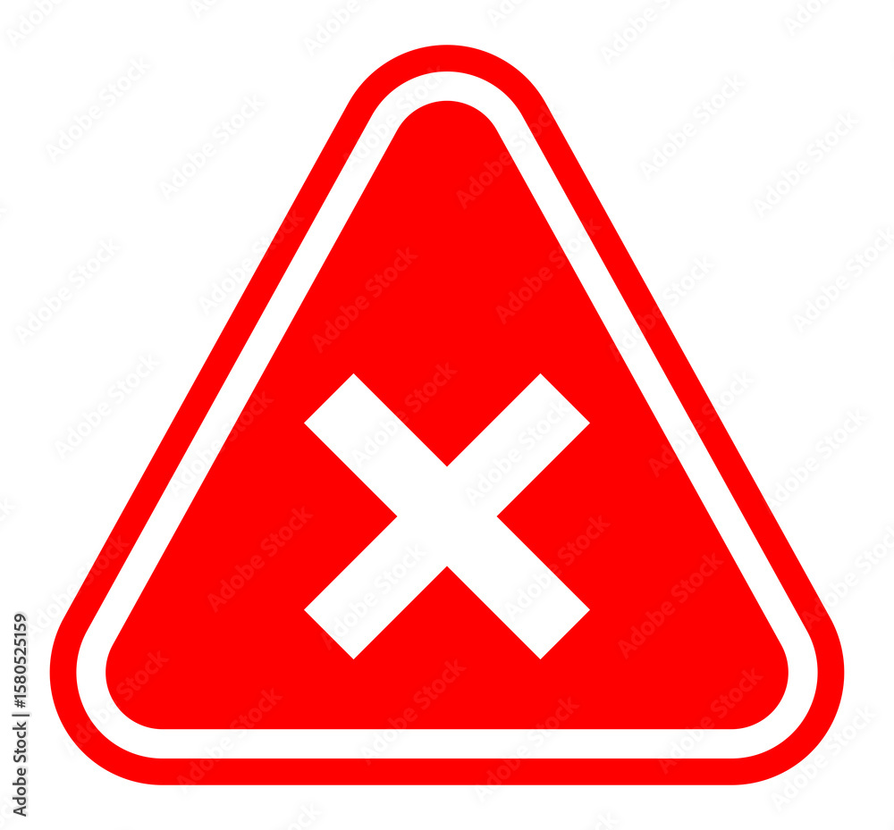 Obraz premium Warning triangle with a white cross (X) on a red background. High contrast design in PNG format, ideal for error messages, danger signs, or alerts in digital and print media.
