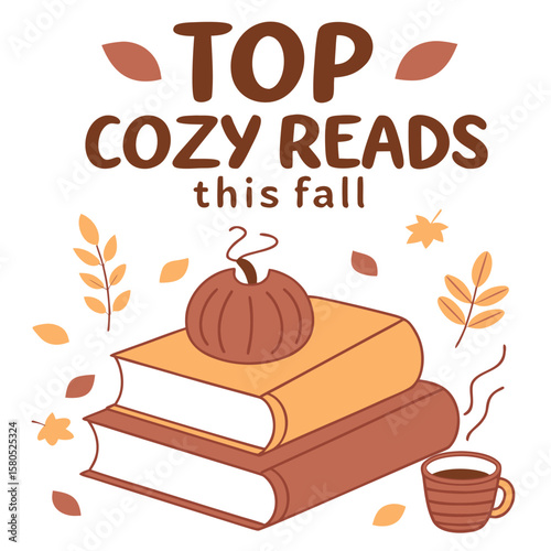 Cozy autumn reading vibes featuring a stack of books topped with a pumpkin and a warm drink surrounded by falling leaves