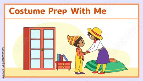 A mother helps her child prepare for a costume party holding hands and smiling in a room with a wardrobe and dresser