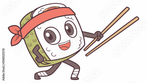 Cute cartoon sushi roll character holding chopsticks with a happy expression