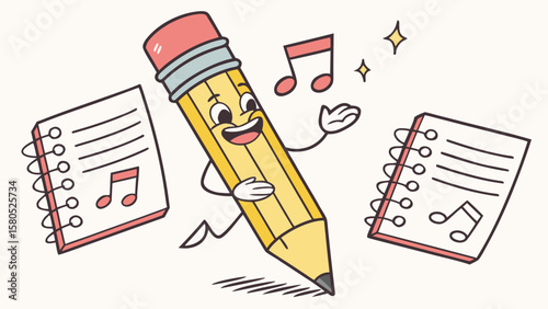 Happy cartoon pencil character dancing with musical notes and notebooks