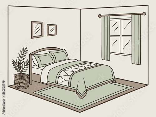 Cozy bedroom interior with bed window rug and plant illustration