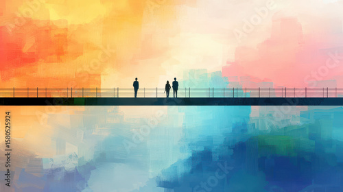Serene landscape featuring three silhouettes standing bridge against vibrant, colorful sky. warm hues blend beautifully with cool tones