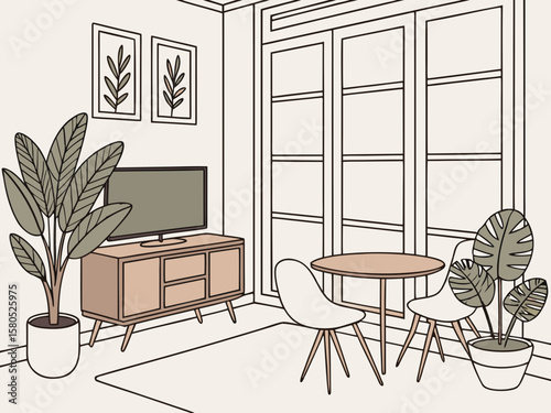 Cozy living room with plants tv and dining area by large windows