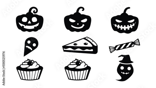 Illustration of halloween themed icons including pumpkins ghosts sweets and baked goods in black and white
