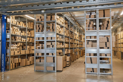 Warehouse Aisle with Organized Shelving and Boxes