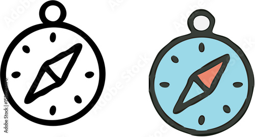 Two simple compass illustrations; one outlined, one filled with color.
