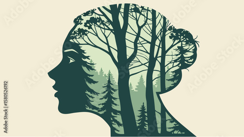 Silhouette of a woman s head filled with a dense forest landscape