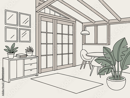 Modern minimalist sunroom interior with plants and furniture in line art style