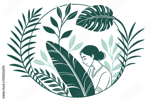 Young woman contemplating nature surrounded by lush green tropical plants