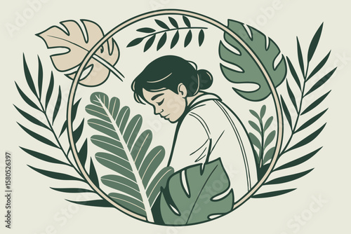 Young woman contemplating nature surrounded by lush tropical leaves