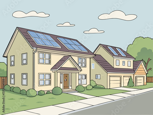 Two modern suburban houses with solar panels on the roof and a garage