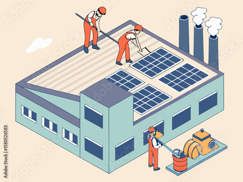 Workers install solar panels on a factory roof for renewable energy