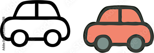 Two stylized car illustrations, one outlined and the other filled with color, side-by-side.