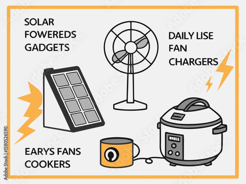 Collection of solar powered gadgets including a fan cooker and mug charger