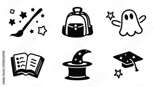 Black and white icons depicting school, magic, and halloween related objects in a simple style design