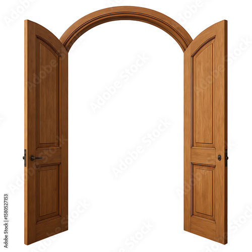 Wooden double arched door open wide isolated on transparent background