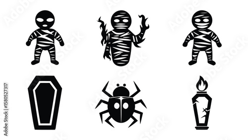 Illustration of halloween themed icons featuring mummies, coffins, and a spider in black and white