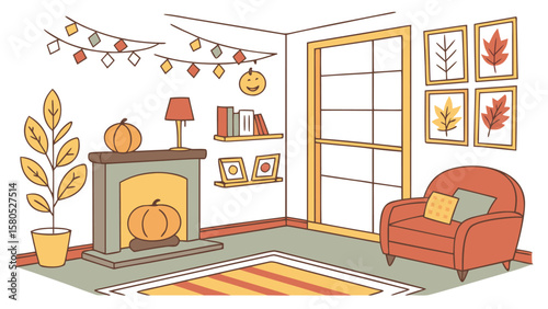 Cozy living room decorated for autumn with pumpkins fall foliage art and festive garland creating a warm and inviting atmosphere