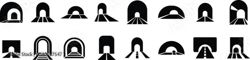 Tunnel signs icons set, collection and group in multi-series styles including flat, solid,, with road, underpass, passageway, subway, cave, entrance, exit vector symbols