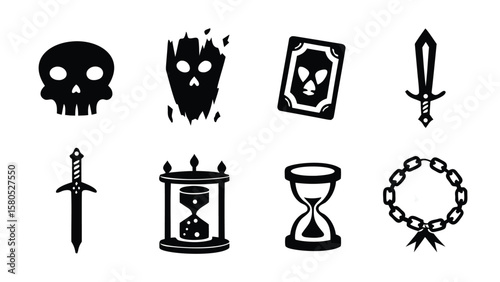 Collection of stylized black and white icons featuring skulls, swords, and hourglasses arranged nicely