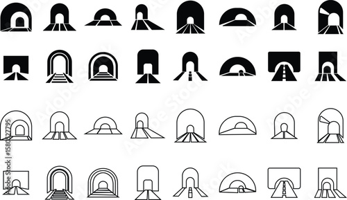 Tunnel signs icons set, collection and group in multi-series styles including flat, solid, line and outline, with road, underpass, passageway, subway, cave, entrance, exit vector symbols