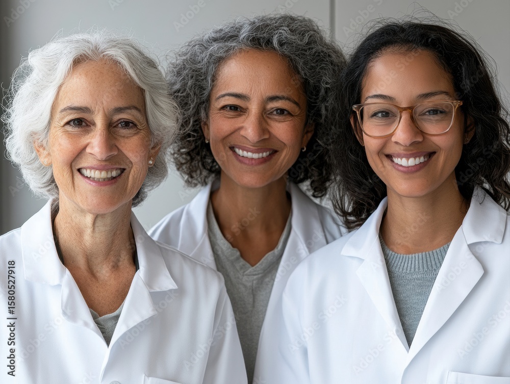 Three women in lab coats smiling in a medical office Three women in lab coats smiling in a medical office