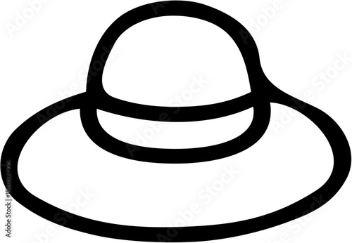 Simple black line drawing of a sun hat, featuring a wide brim and crown.