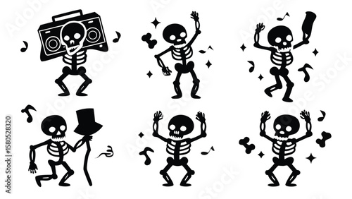 Collection of dancing skeletons with music notes and accessories in black silhouette style isolated