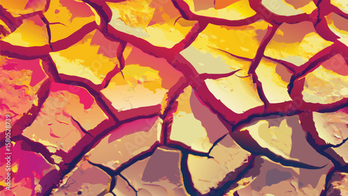 Abstract depiction of cracked earth with warm colors like yellow and red, creating a desert landscape look