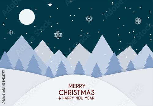 Christmas night scene with fir forest and mountains on moonlit snowy night. Vector illustration. Merry Christmas and Happy New Year. Cut paper style.