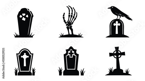 Silhouettes of tombstones, a skeletal hand, and a crow in a graveyard scene illustration