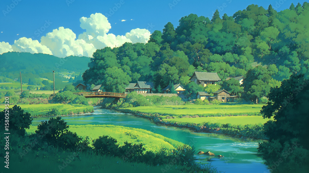 Fototapeta premium 青空と入道雲が広がる日本の夏、緑あふれる田園風景と山並みに囲まれた静かな田舎の情景｜ノスタルジックで癒しのある風景イラスト｜自然豊かな日本の夏を感じる背景素材