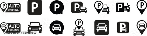 P car parking sign icons set, collection and group of vehicle park symbols, flat, solid, vector designs for transportation, garage, lot, road, and traffic direction projects