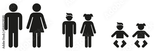 Family Generations Solid Icon Set. Family Structure, Generational And Age Group Silhouette Symbol Collection. Parents, Children, And Babies. Isolated Vector Illustration