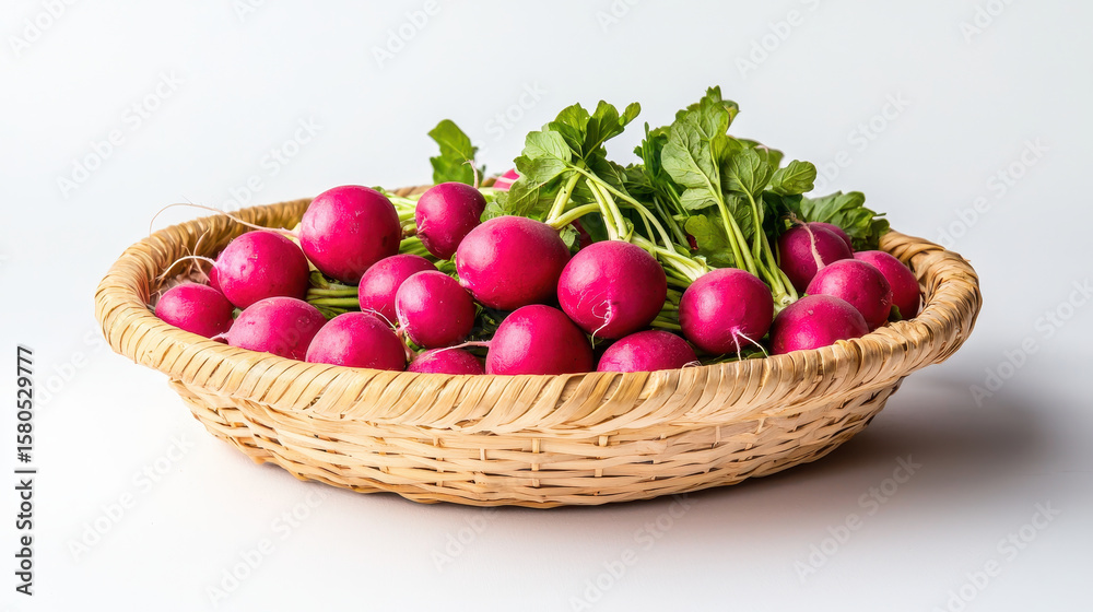 Fresh radishes in straw basket, showcasing vibrant colors and healthy greens, evoke sense of freshness and natural beauty Fresh radishes in straw basket, showcasing vibrant colors and healthy greens, evoke sense of freshness and natural beauty