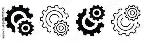 Four Variations of Black and Outline Cogwheel and Settings Icons: Simple, Bold, and Modern Graphic Design Elements for Business, Technology, and Engineering Concepts Illustrating Vector graphic
