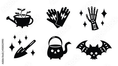 Collection of halloween themed icons including a bat, skeleton hand, and gardening tools set in black