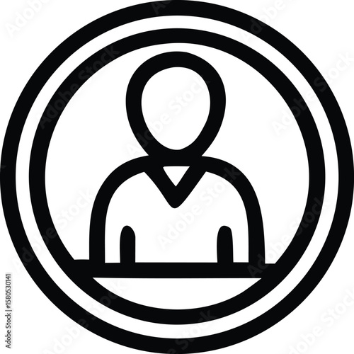 Simple black and white outline icon representing a person within a circular frame symbolizing user profile or identity