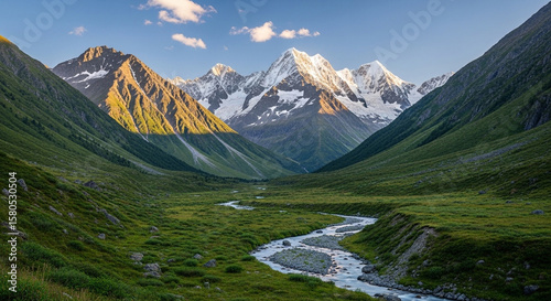 Scenic Mountain Valley with Snow Peaks and Flowing River
