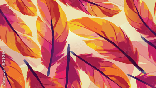 Aesthetic watercolor feather pattern with vibrant orange yellow and pink hues creating a seamless design