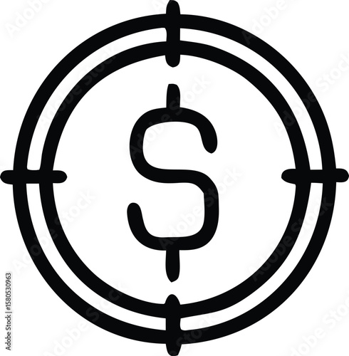 A bold black outline of a dollar sign centered within a target or crosshairs symbol representing financial goals and focus