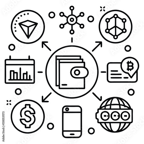Fintech ecosystem icons wallet currency graph phone finance bitcoin