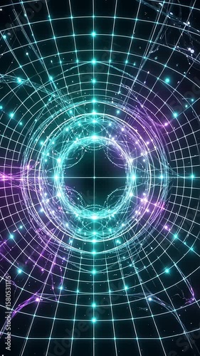 Glowing tunnel of light with grid, purple-teal hues, abstract design